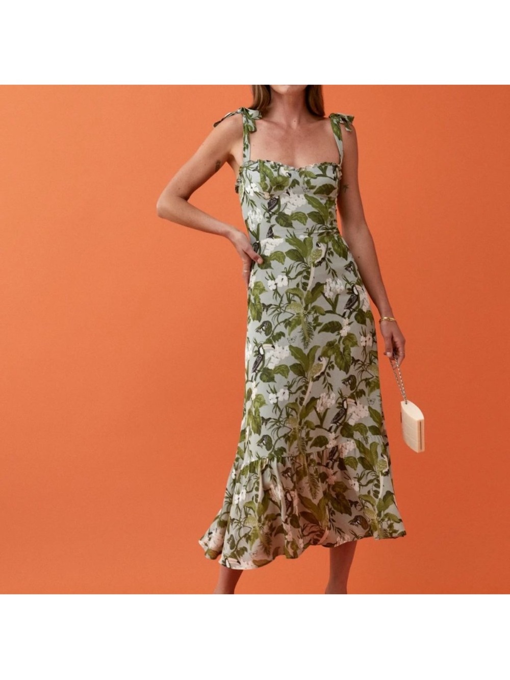 Reformation Nikita Tropical Green Floral Tie-Shoulder Midi Dress size 8